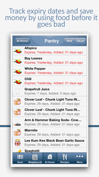 Pantry list with expiry dates, expired items in red