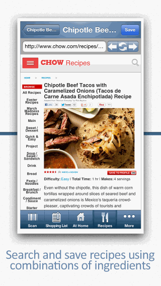 Recipe search in the built-in browser